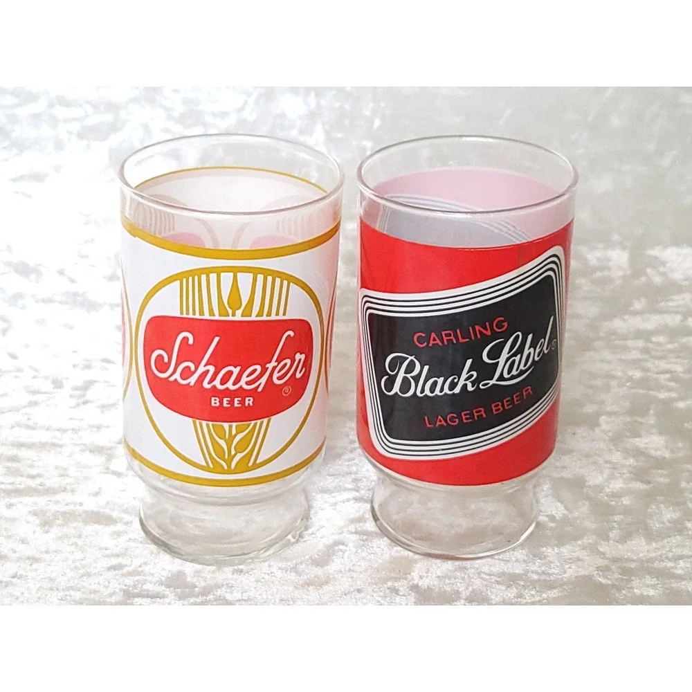 2 Vtg Schaefer Beer & Carling Black Label Footed Beer Glasses barware 12 oz